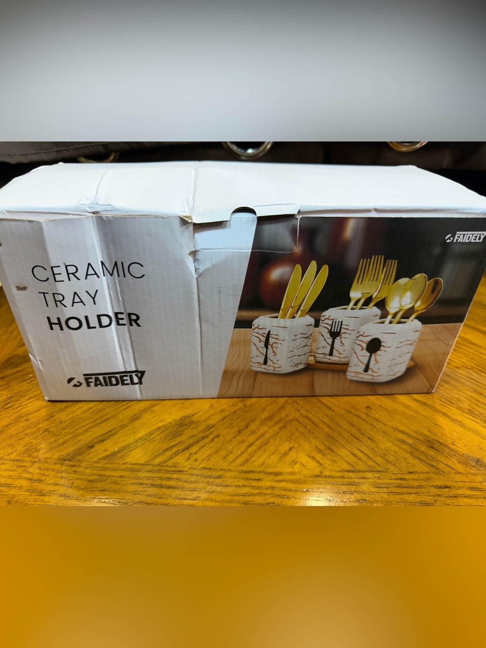 Faidely Ceramic Tray Cutlery Holders in White with Brown Accent